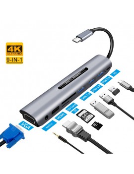 9/5 Ports USB C HUB to HDMI VGA RJ45 Gigabit Ethernet Power Adapter Dock PD Charger for MacBook Pro Air Multi Type C HUB