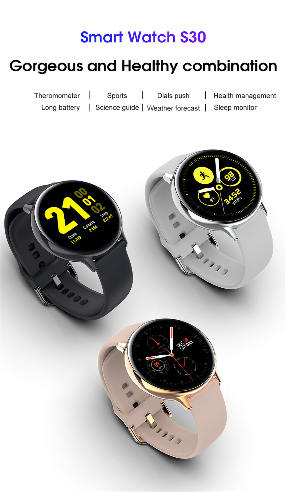 S30 Smart Watch - Black Silicone Band